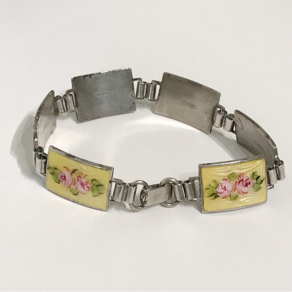 Sterling Silver Guilloche Vintage Rose Enamel Link Plate Bracelet 6.5" Cottage - Picture 5 of 16